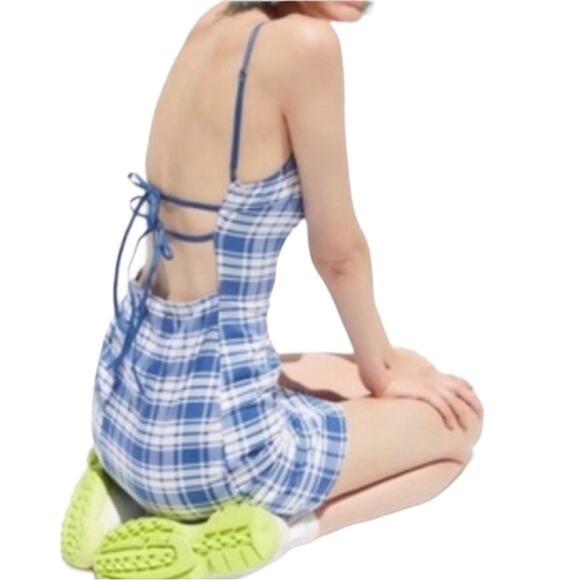 UO Lani Strappy Back Bodycon Mini Dress Blue Plaid sz L Spring Summer - Picture 1 of 10